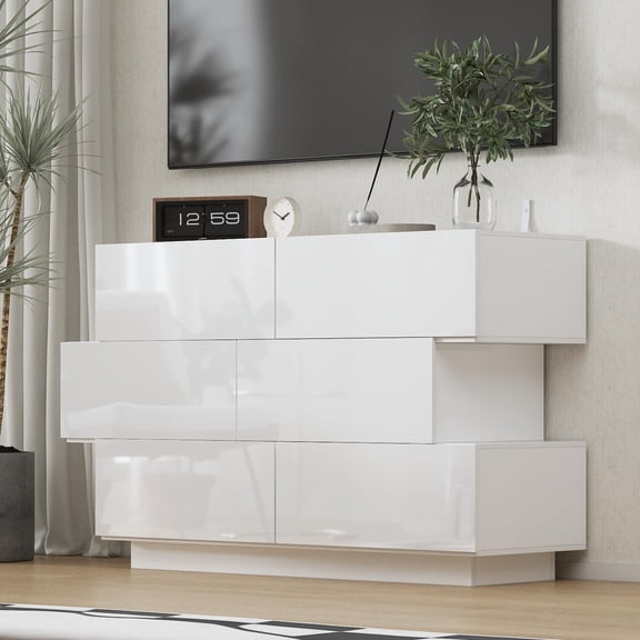 Homsee Modern Dresser Storage Chest with 6 Drawers & Stylish Shape, Wood Double Dresser Chest with Glossy Surface for Bedroom, Living Room & Hallway, White