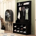 thumbnail image 1 of Homsee Modern Hall Tree with Storage Bench, 4-in-1 Entryway Bench with Coat Rack, Tall Hall Tree with 7 Metal Hooks, Shelves & 10 Cubes for Hallway, Living Room, Black (39.4”L x 15.7”W x 68.5”H), 1 of 14
