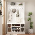 thumbnail image 1 of Homsee Modern Hall Tree with Storage Bench, 4-in-1 Entryway Bench with Coat Rack, Tall Hall Tree with 7 Metal Hooks, Shelves & 10 Cubes for Hallway, Living Room, White (39.4”L x 15.7”W x 68.5”H), 1 of 7
