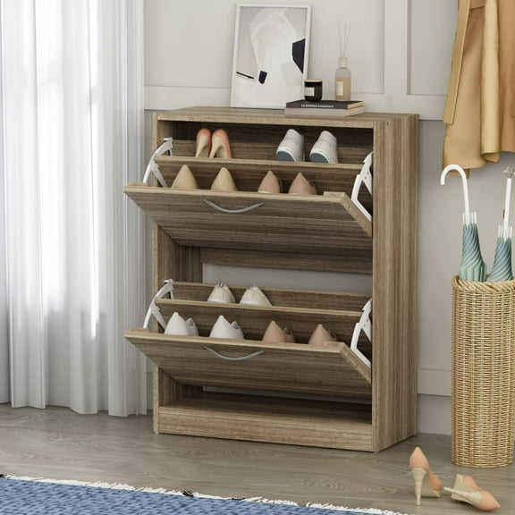 Homsee Modern Shoe Storage Cabinet with 2 Flip Drawers & Louver Doors, Wood 2-Tier Shoe Rack Storage Organizer for Entryway, Hallway & Bedroom, Brown (22.4”L x 9.4”W x 29.5”H)