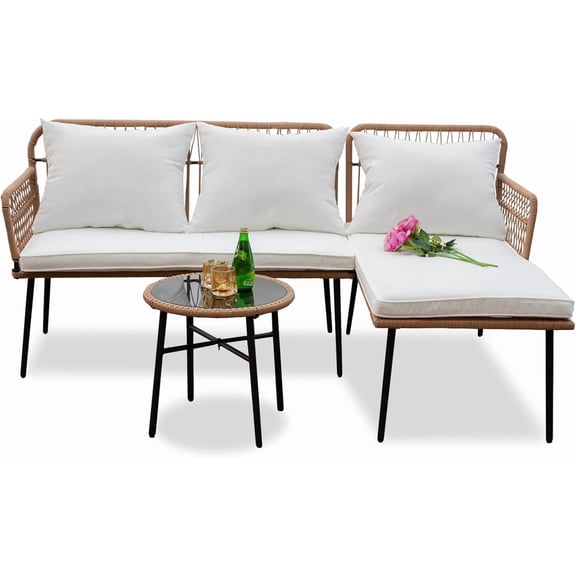 Homsido Outdoor L-Shaped Patio Chairs Set, Boho Woven Blcony Furniture Set of 3,Boho Woven Balcony Furniture Conversation Sofa Set,Patio Lounger with White Thickness Cushions, Glass Side Table