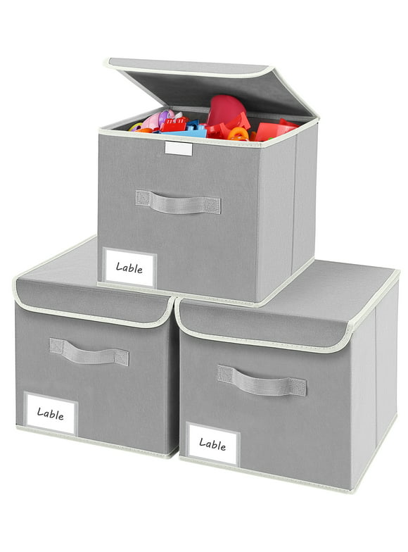 Homsorout 3 Pack Storage Boxes with Lids Foldable Storage Cubes for Shelves Fabric Wardrobe Storage Basket Bins for Organizing Toys, Clothes, Books, Wardrobe, Closet, Office, Dark Grey