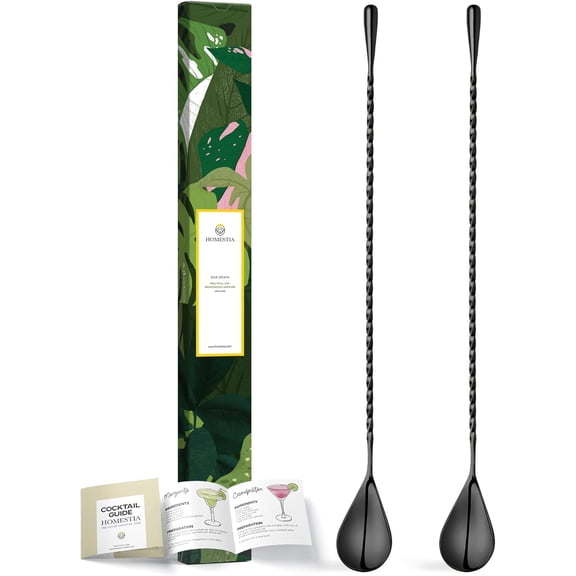 Homstia Bar Spoon, Stainlss Stl Cocktail Mixing Spoon for Drink, 12-Inch Long Handl Spiral Dsign Stirrrs Shakr Barspoons (2PCS Black)