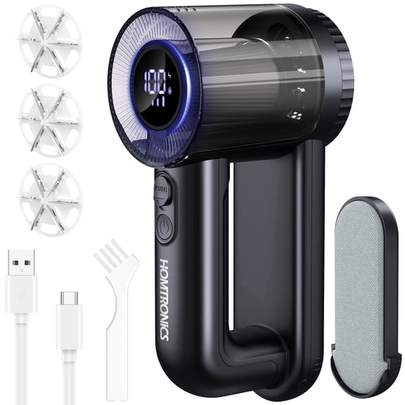 Homtronics Electric Fabric Shaver Lint Remover, 2000mAh Rechargeable Sweater Defuzzer with 6-Leaf Blades & Lint Brush, 3-Speed, LED Display, Black