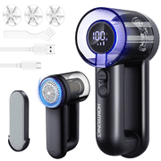 Homtronics 2-in-1 Electric Fabric Shaver & Lint Remover, 2000mAh Rechargeable Sweater Defuzzer with 6-Blade, 3-Speed, LED Display, Lint Brush, Black