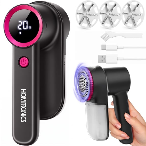 Homtronics Fabric Shaver, 2000mAh Electric Lint Remover, 3 Speeds 6-Blade Sweater Defuzzer with LED Display & Light, Safety Lock for Clothes, Red