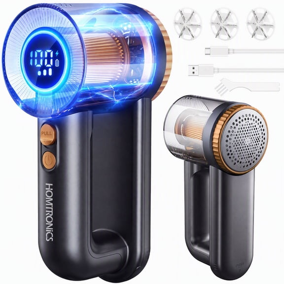 Homtronics 2-in-1 Fabric Shaver, 2000mAh Electric Lint Remover, 3 Speeds 6-Blade Sweater Defuzzer with Lint Brush & LED Display, Safety Lock, Gold