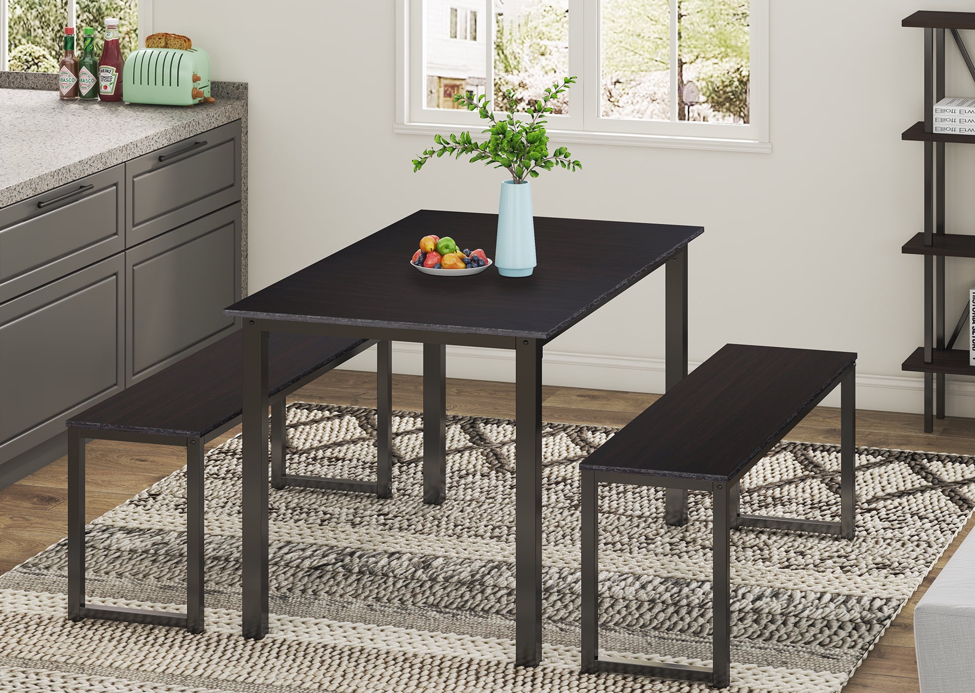 Homury 3 Pieces Dining Table Set with Two Benches, Espresso - Walmart.com
