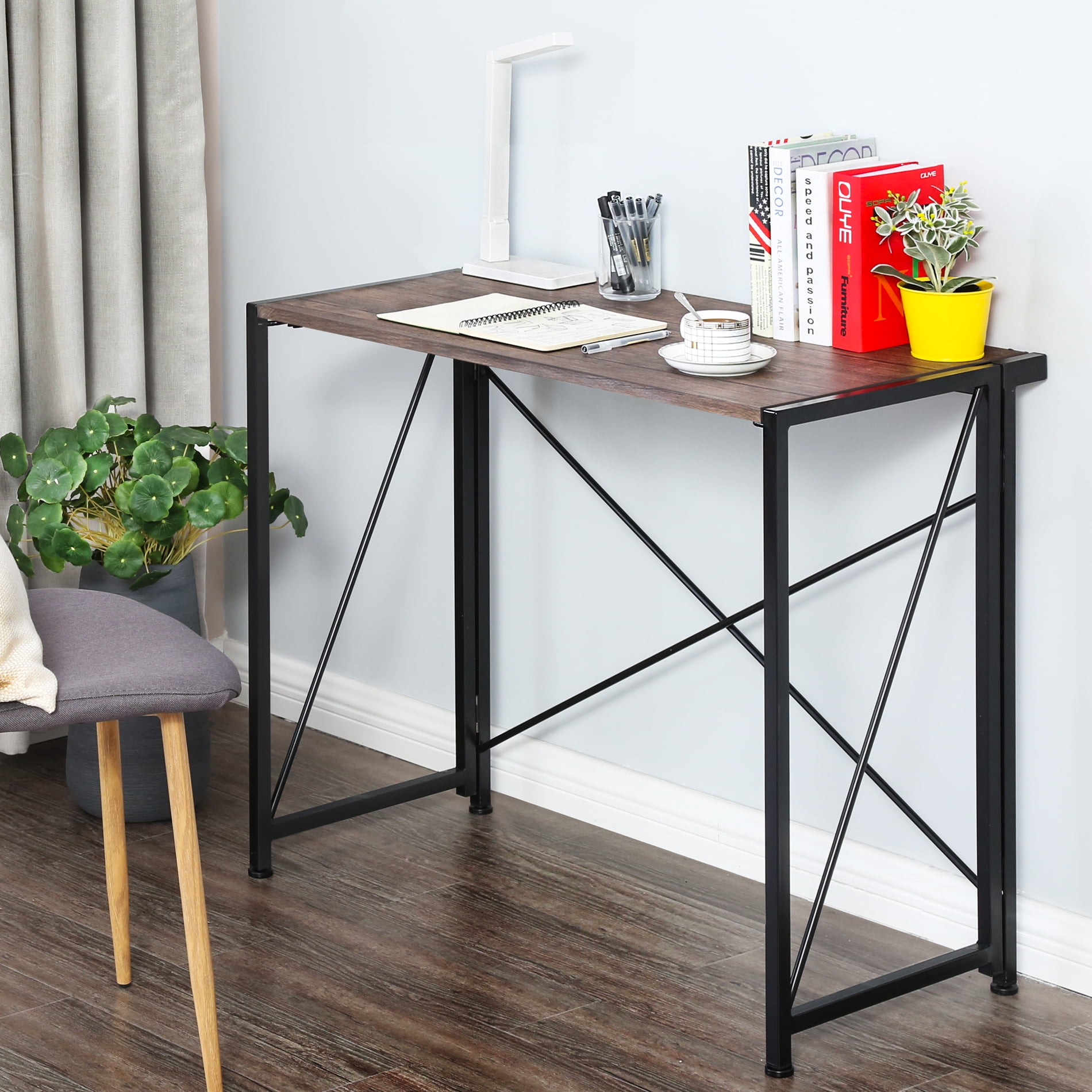 Homury Floding Metal and Wood Computer Desk Espresso Finish
