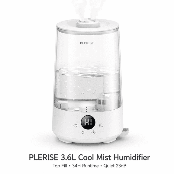 Homvana Humidifiers for Bedroom Home, 3.6 L Cool Mist Top-Fill 34H Super Long Time, Quiet 23dB, Baby Humidifier, Oil Diffuser for Large Room, House, Plant, Nursery, BPA FREE, Ultrasonic (Transparent)