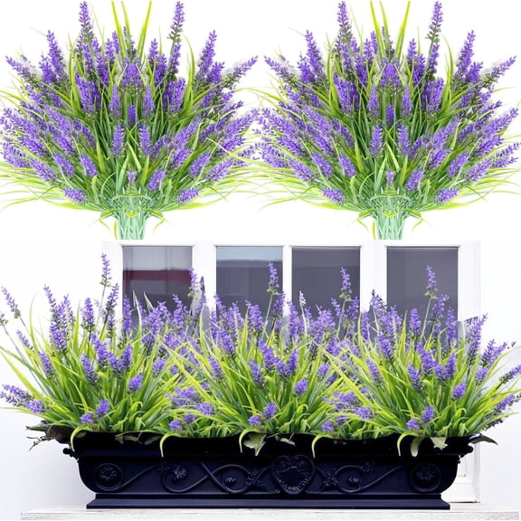 Homwamee 12 Bundles Artificial Lavender,Plants, Outdoor Fake Plants Spring Grass with Flowers for Pot UV Resistant Garden Decor for Garden Patio Hanging Planter Pathway Front Porch Purple