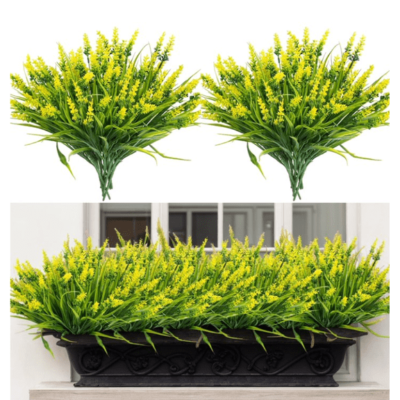 Homwamee 12 Bundles Artificial Lavender，Plants, Outdoor Fake Plants Spring Grass with Flowers for Pot UV Resistant Garden Decor for Garden Patio Hanging Planter Pathway Front Porch Yellow