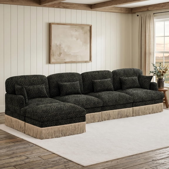 Homy Casa 131.5'' 4-Seat Sectional Sofa with Ottoman, Modular Lounge Couch for Living Room, Beige/Khaki/Green