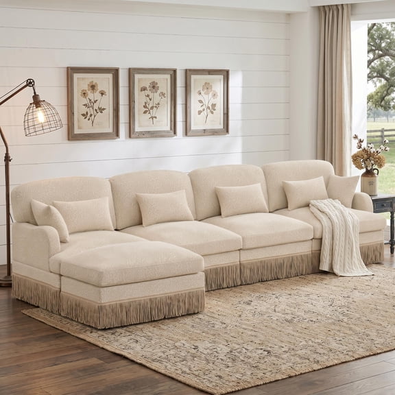 Homy Casa 131.5'' 4-Seat Sectional Sofa with Ottoman, Modular Lounge Couch for Living Room, Beige/Khaki/Green