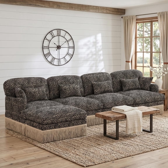 Homy Casa 131.5'' 4-Seat Sectional Sofa with Ottoman, Modular Lounge Couch for Living Room, Beige/Khaki/Green