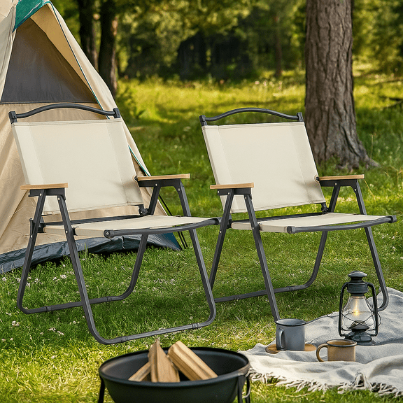 Homy Casa 2-Pack Folding Chairs, Portable Outdoor Lawn Chair Set for Camping & Backyard, Beige