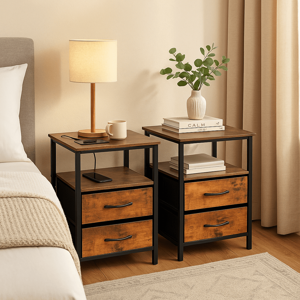 Homy Casa 2-Pack Nightstands with USB Ports and Drawers, Bedside Charging Table for Bedroom, Brown