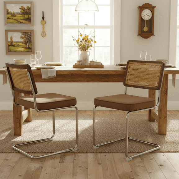Homy Casa 2 Pack Rattan Dining Chairs, Upholstered Seat, Modern Chrome Cantilever Side Chairs