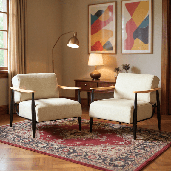 Homy Casa 2-Piece Beige Accent Armchair Set with Oak Wood Armrest, for Family Living & Reading Corner