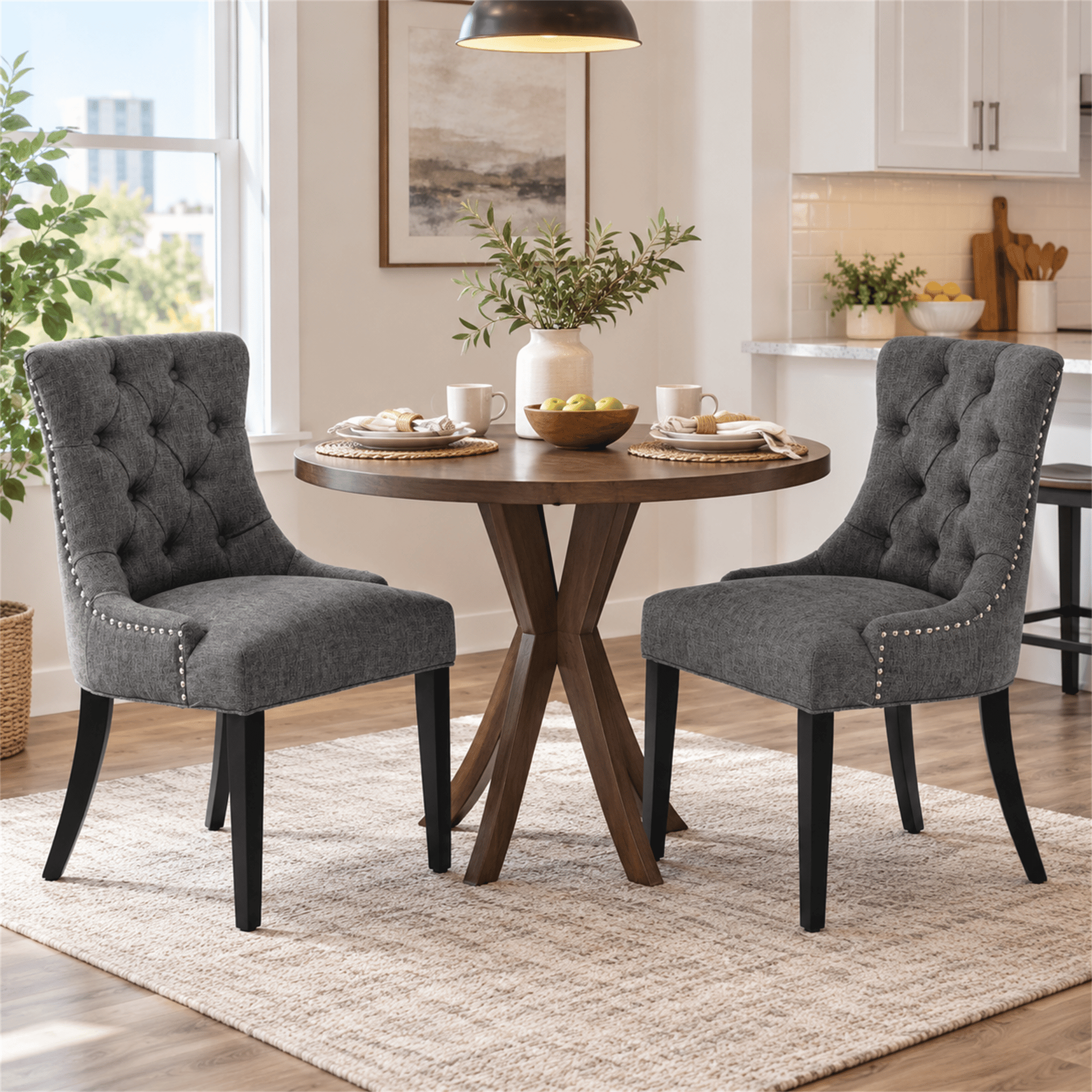 Homy Casa Set of 2 Tufted Upholstered High Back Dining Chairs with Nailhead Trim Charcoal