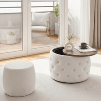 Homy Casa 2-Piece Round Storage Ottoman Set with Tray Top, Upholstered Coffee Table & Stool