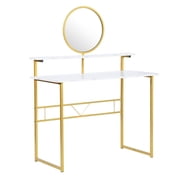 Homy Casa 2-Tier Dressing Table with Circular Mirror Modern Makeup Vanity Desk Multifunctional Dressing Desk Writing Desk for Bedroom Studio, White