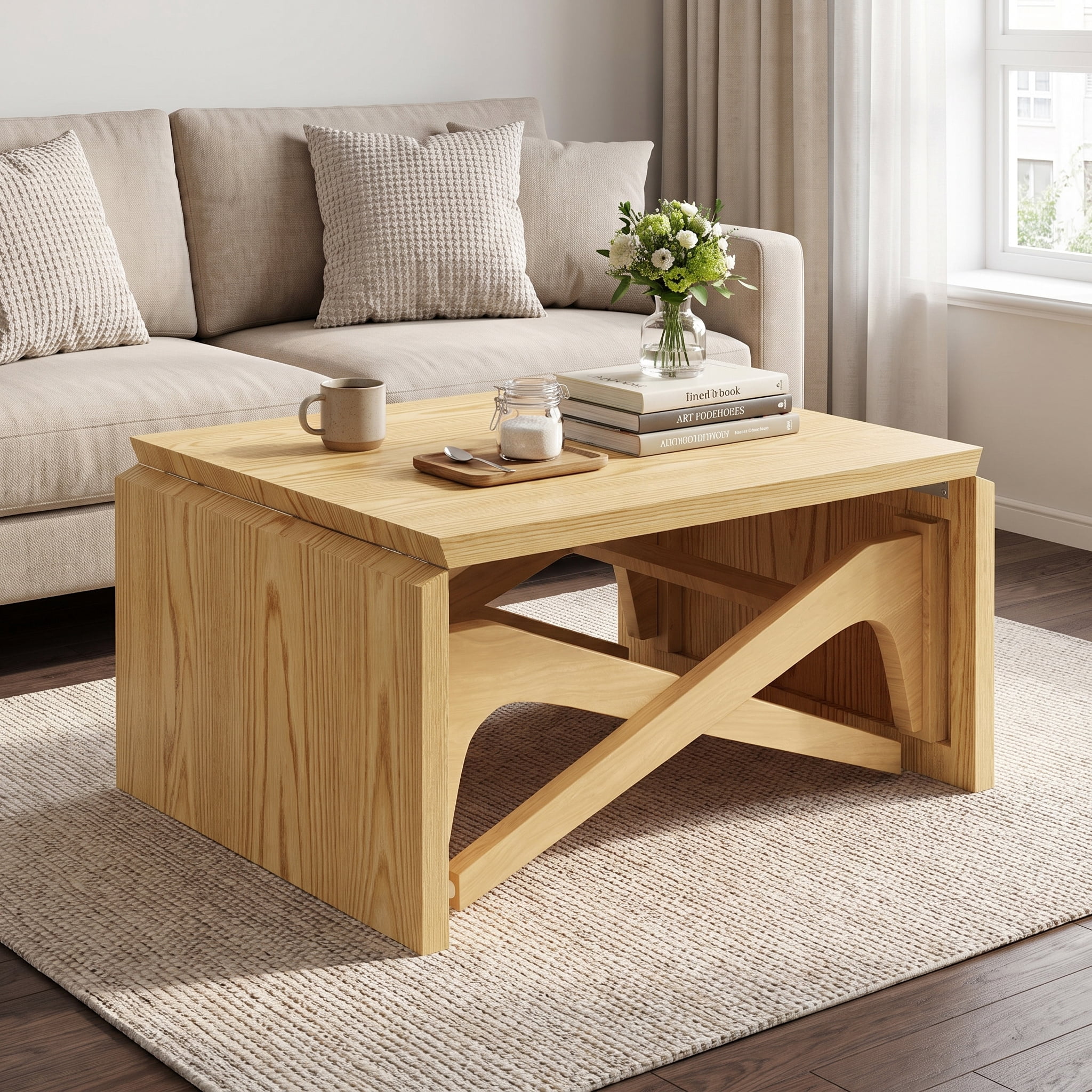Homy Casa 59.5 in 2-in-1 Convertible Coffee Dining Table, Folding Extendable Table for Small Spaces, Natural Oak