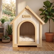 Homy Casa 23.6" Indoor Wooden Cat House, Cozy Pet Bed with Cushion for Cats and Small Dogs, Living Room Pet Hideaway, White Natural