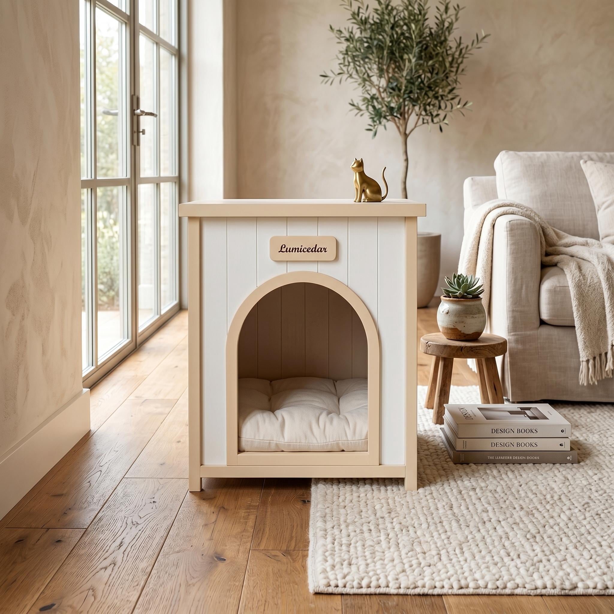 Homy Casa 23.6'' Solid Cedar Wood Pet House with Cushion, Indoor Outdoor Cat & Small Dog Shelter, Natural White