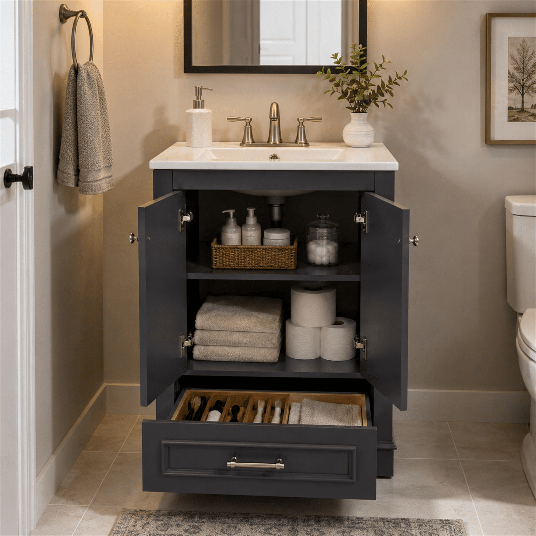 Homy Casa 24" Bathroom Vanity with Ceramic Sink, 2 Doors and Drawer for Small Bathroom, Dark Gray