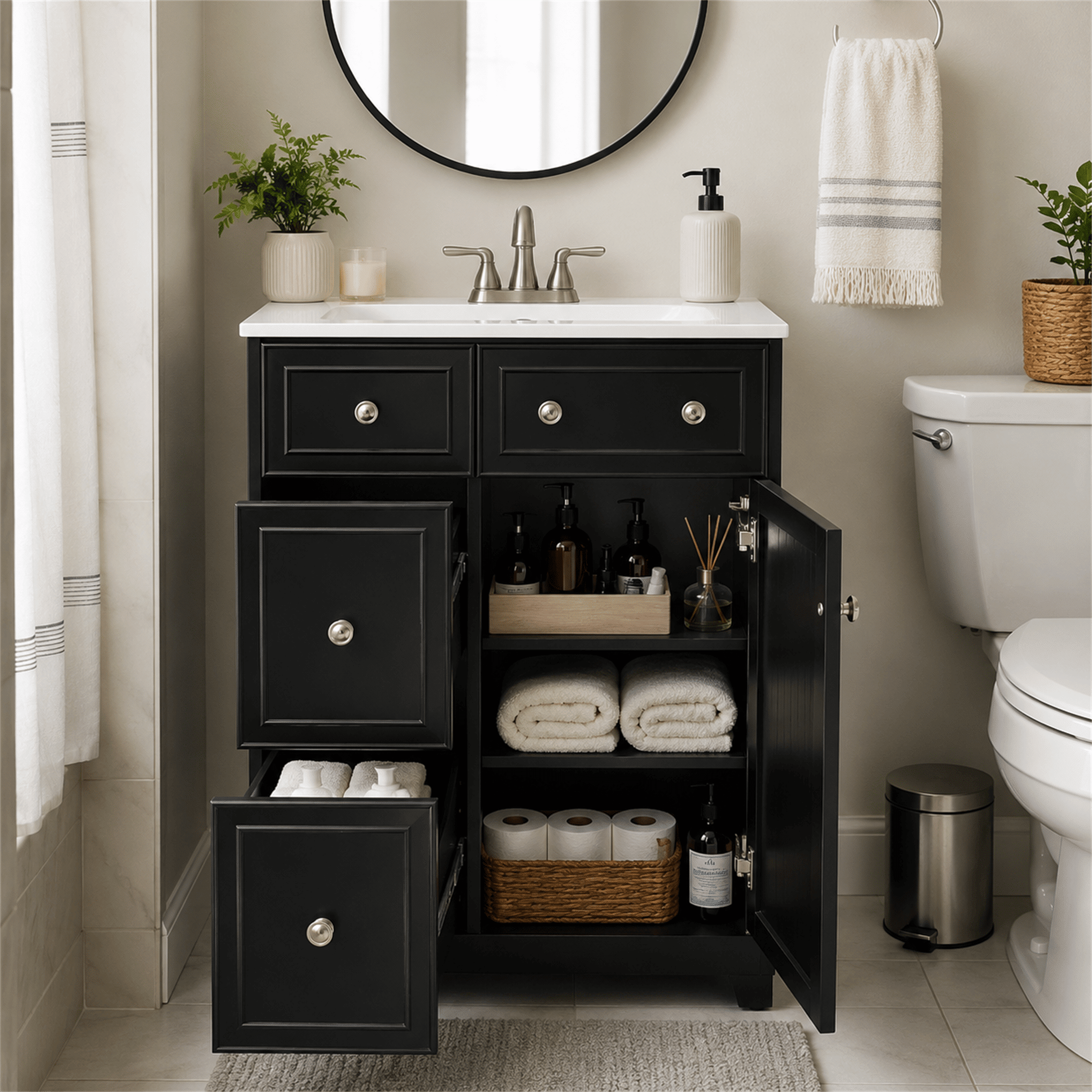 Homy Casa 24 Inch Bathroom Vanity with Sink, Ceramic Top, Drawers and Doors, Black