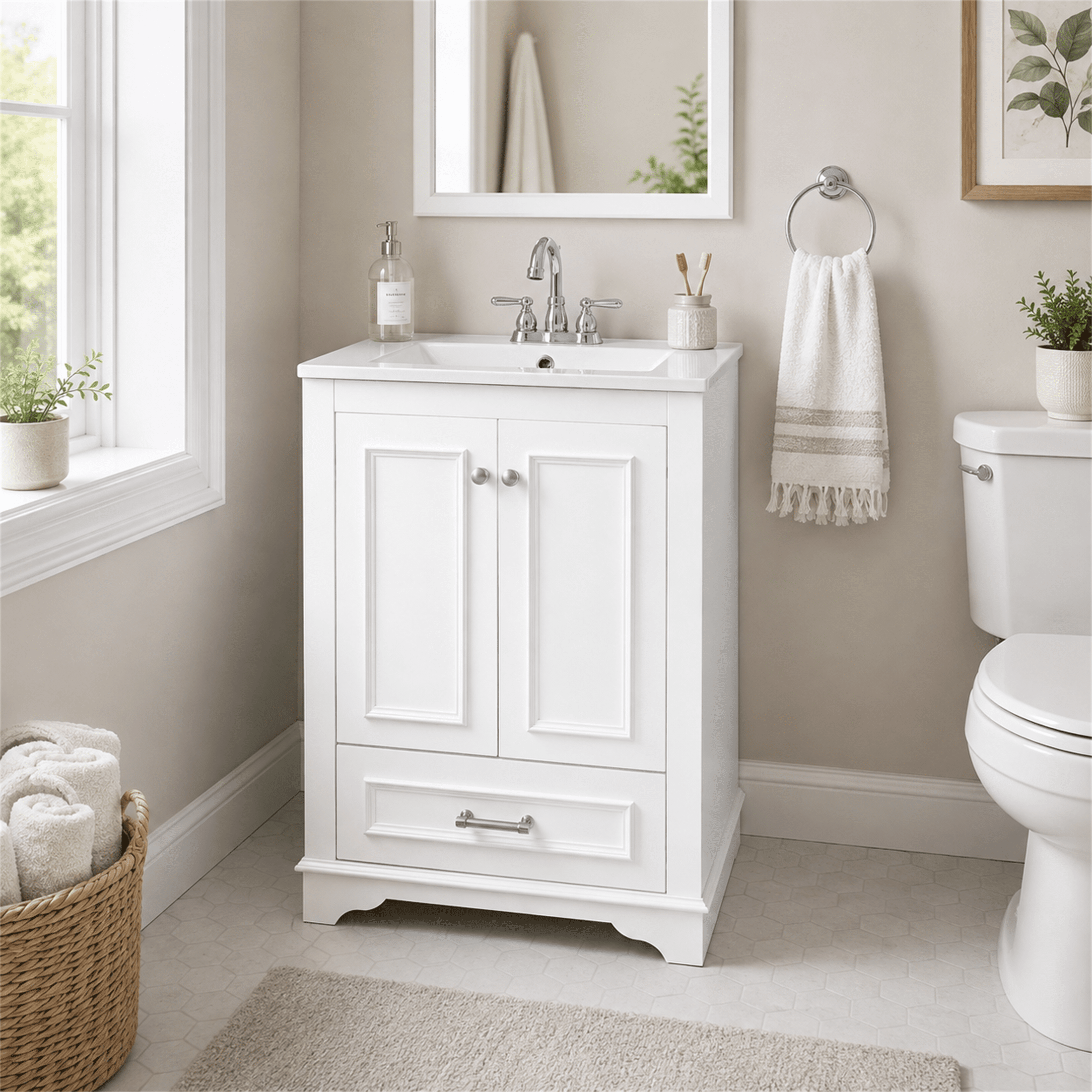 Homy Casa 24" Bathroom Vanity with Ceramic Sink, Soft-Close Doors and Drawer, White