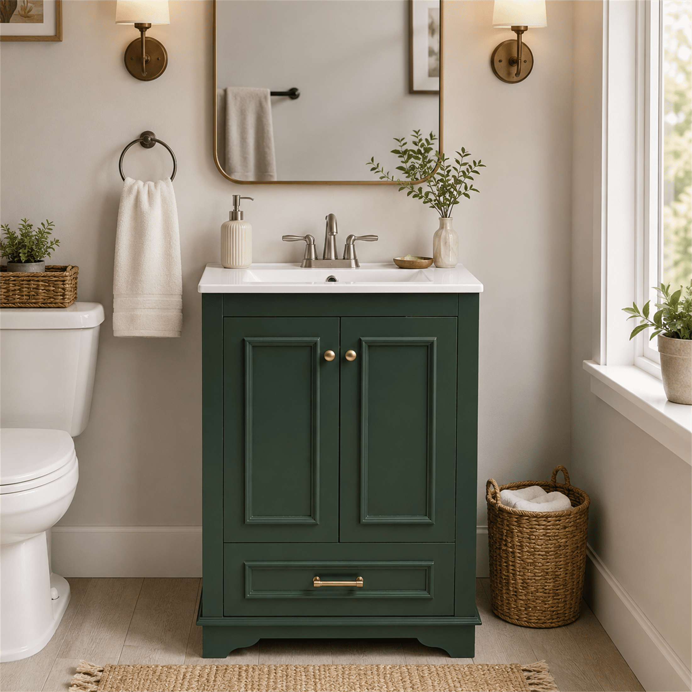 Homy Casa 24" Bathroom Vanity with Sink, Ceramic Top Storage Cabinet for Small Bathrooms, Dark Green