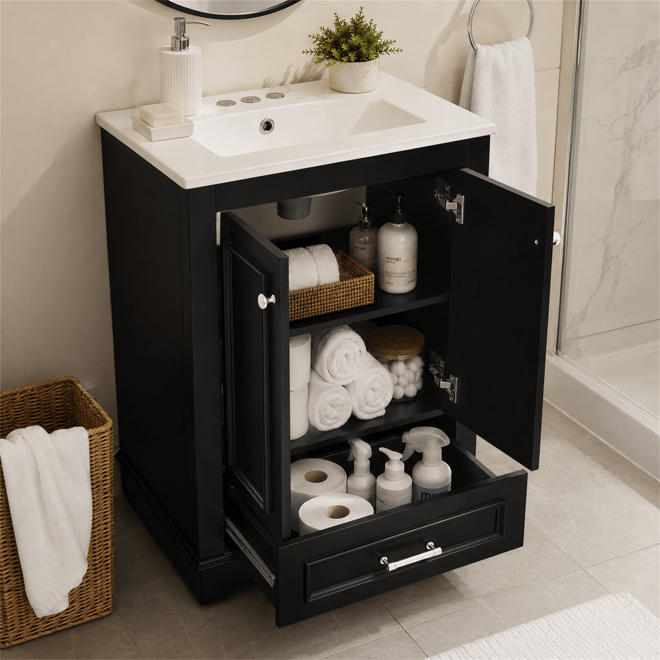 Homy Casa 24" Bathroom Vanity with Sink, Freestanding Soft-Close Cabinet for Small Bathrooms, Black