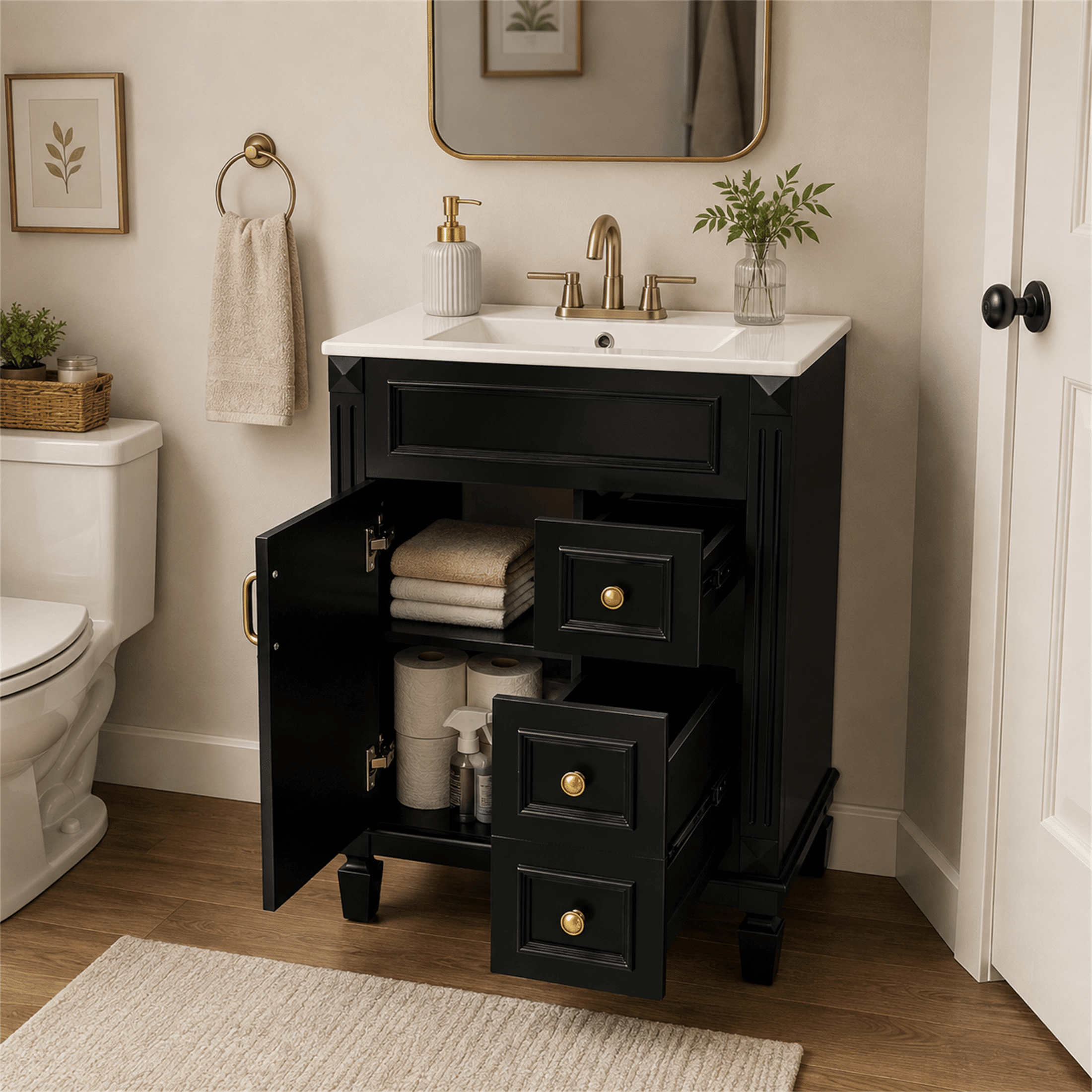 Homy Casa 24 in Bathroom Vanity with Ceramic Sink, Freestanding Storage Cabinet with 3 Drawers for Powder Room Black