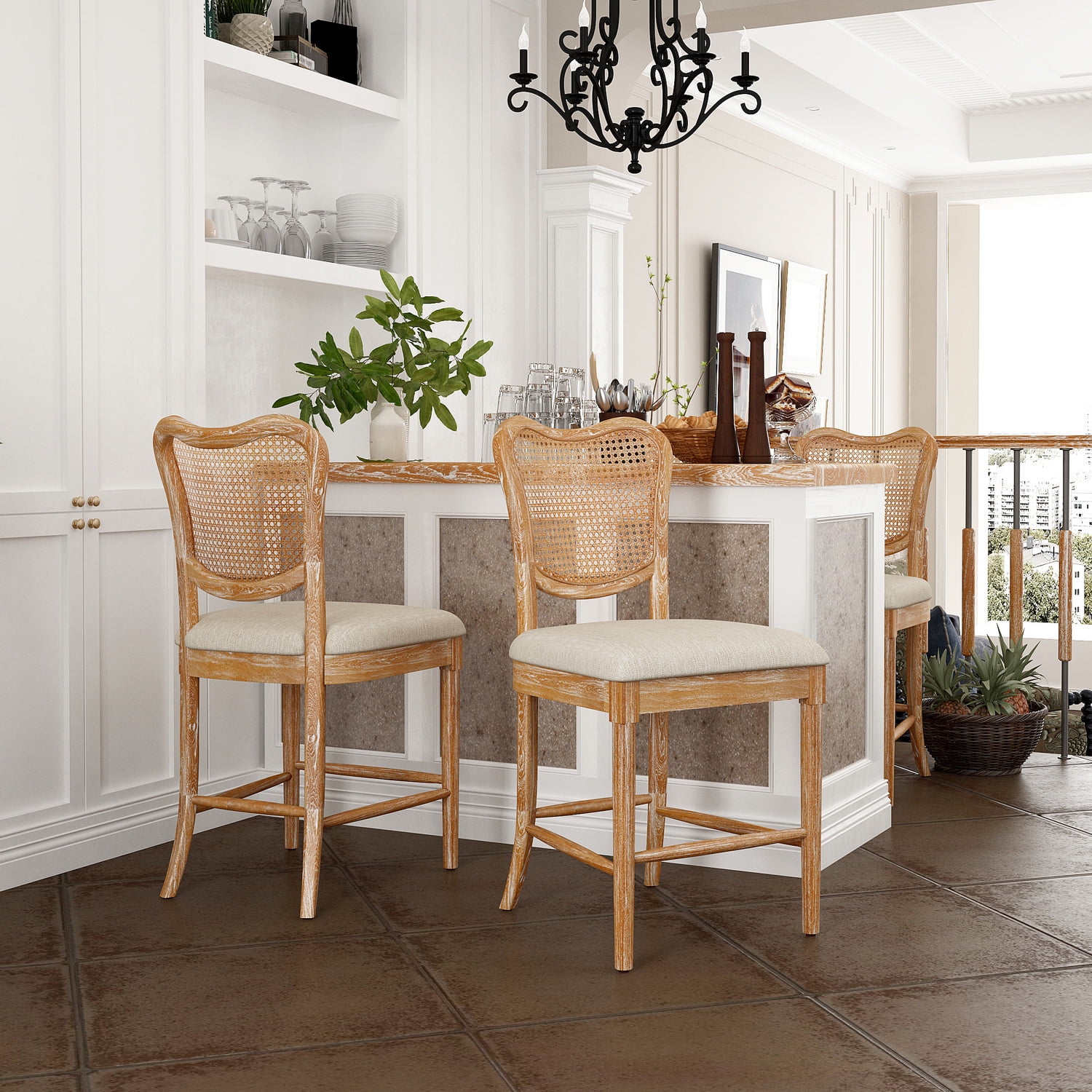 Homy Casa 24'' Ratten Counter Stools Set of 2, Distressed Natural Woven