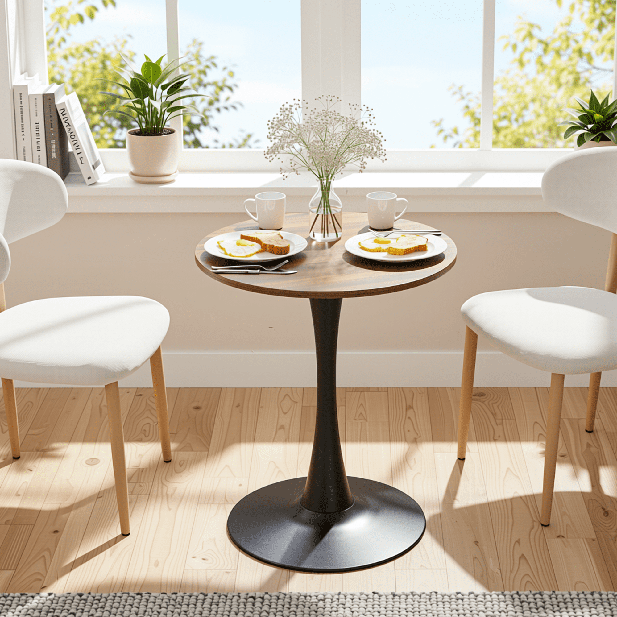 Homy Casa 24" Round Dining Table for 2, Small Kitchen Table with Walnut Finish and Black Iron Pedestal Base, Brown