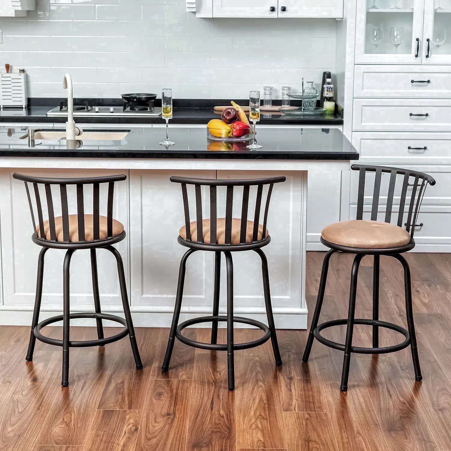 Homy Casa Swivel Counter Height Bar Stools Set of 3 with Back, Adjustable Upholstered Modern Bar Chairs for Kitchen Island, Brown