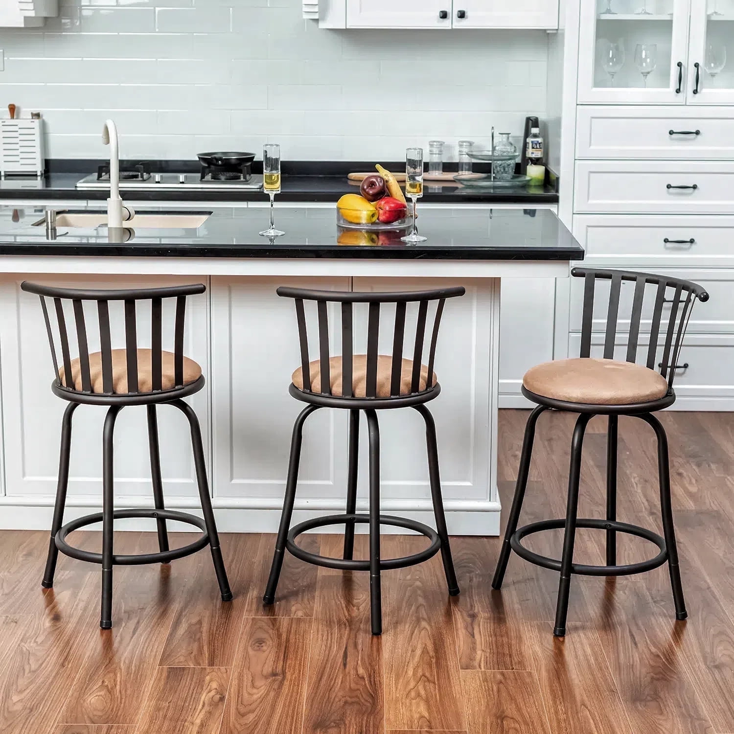 Set of 3 Beige Suede Swivel Counter Barstools with Black Metal Frame