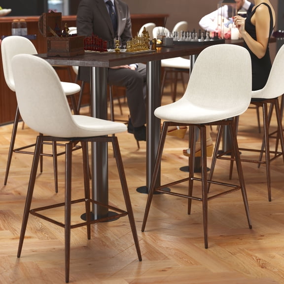 Homy Casa 26" Swivel Counter Height Bar Stools, Set of 2, Beige Fabric, Wood-Look Metal Legs