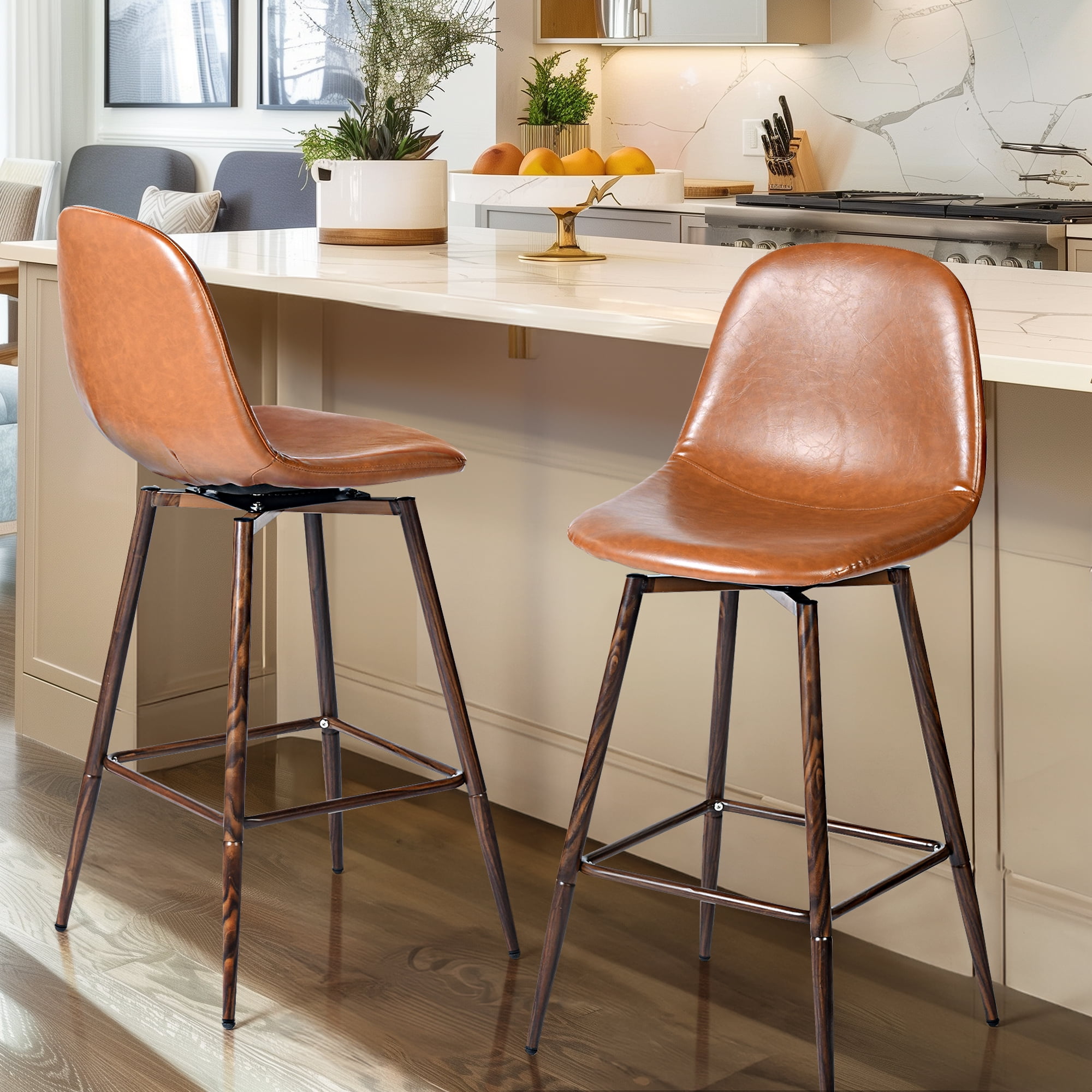 Homy Casa 26" Swivel Counter Height Bar Stools, Set of 2, Cognac Faux Leather, Wood-Look Metal Legs