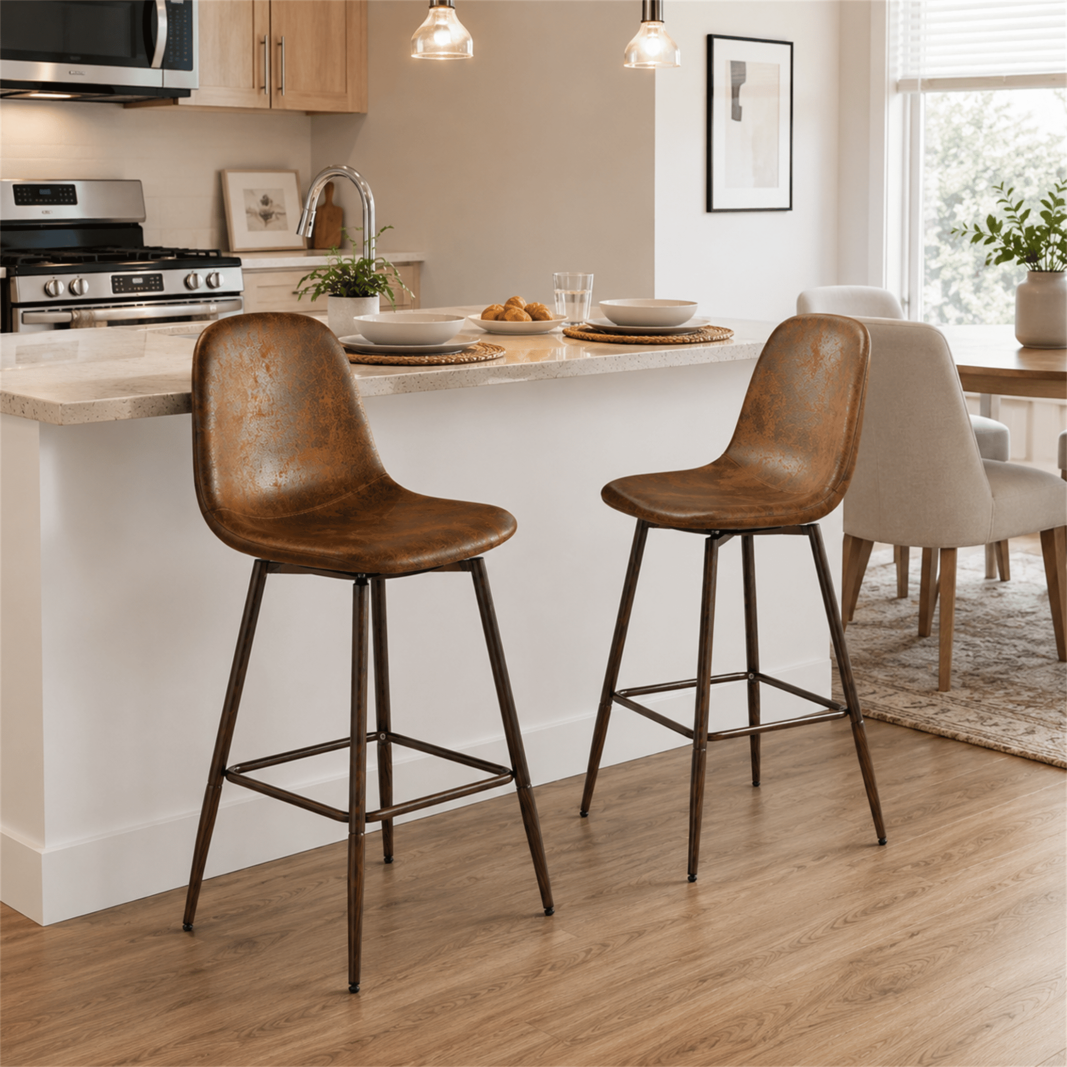 Homy Casa 26" Swivel Counter Height Bar Stools Set of 2 with Faux Suede Seat for Kitchen Island Brown