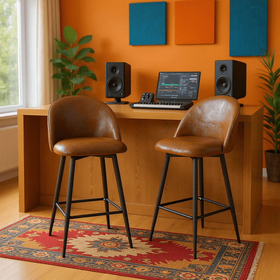 Homy Casa Set of 2 Bar Stools with Upholstered Seat and Sturdy Metal Frame, 26" Seat Height for Music Room Keyboard, Recording Studio, and High Desk Workstation