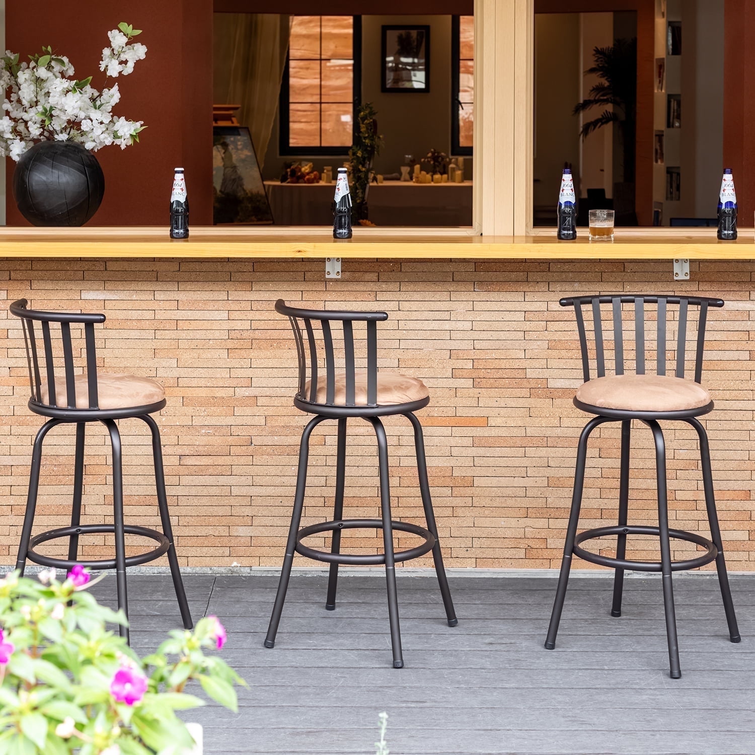 Homy Casa 29 Swivel Counter Height Bar Stools with Backrest Set of 3 Faux Upholstered with Metal Frame Brown