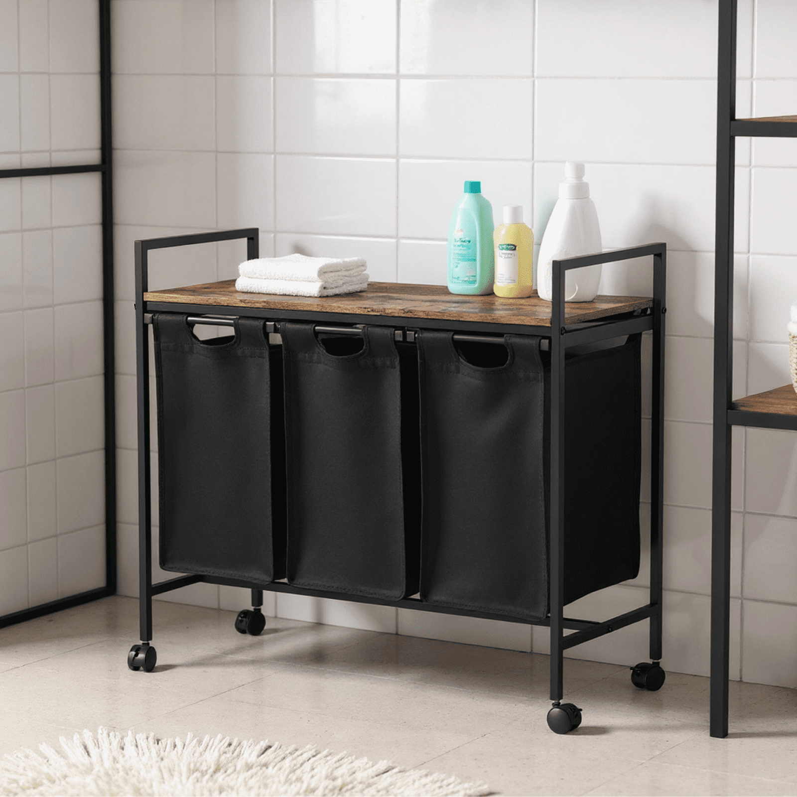 Homy Casa 3-Bag Rolling Laundry Sorter Cabinet with Wood Top, Metal ...