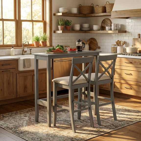 Homy Casa 3-Piece Farmhouse Bar Height Dining Table Set, 48" Rectangular Wood Pub Table with 2 X-Back Upholstered Chairs for Small Spaces, Gray and Beige