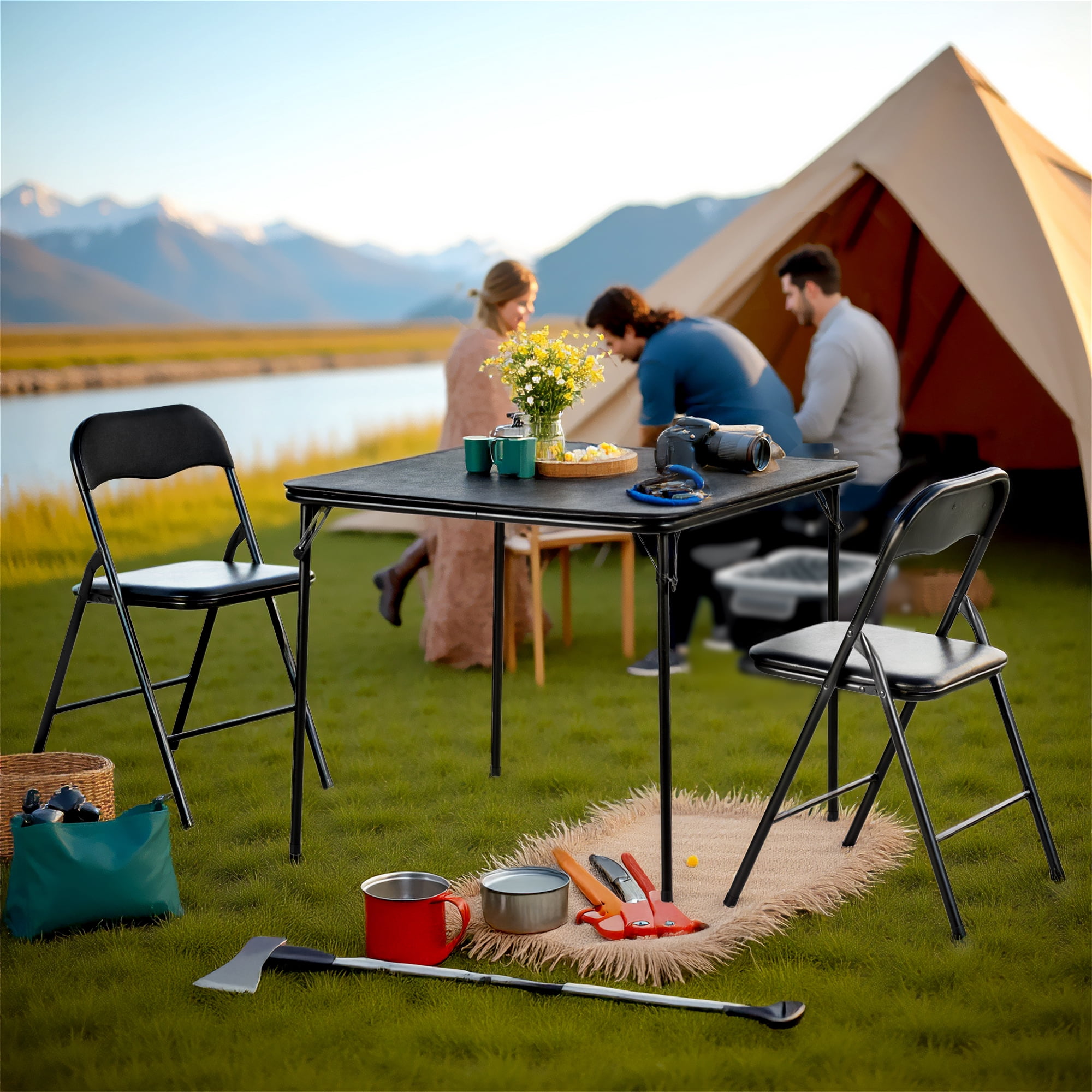 Homy Casa 3-Piece Folding Picnic Table and Chairs Set, Outdoor Portable Camping Set, Black
