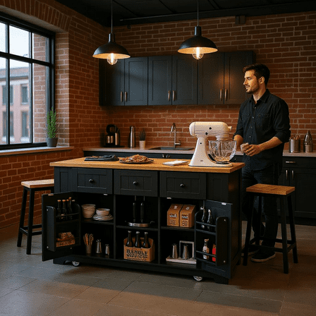 Homy Casa 3-Piece Kitchen Island Set with Drop Leaf, Power Outlets, 3 Drawers, Shelves & 2 Stools