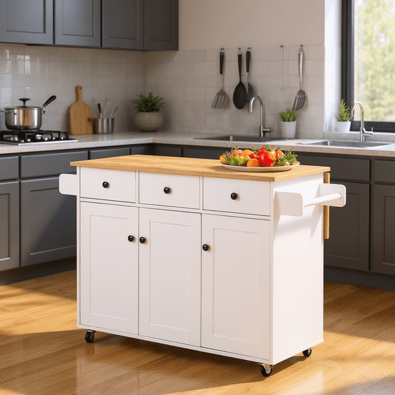 Homy Casa Rolling Kitchen Island with Drop Leaf, for Dining Room or Apartment Kitchen, White