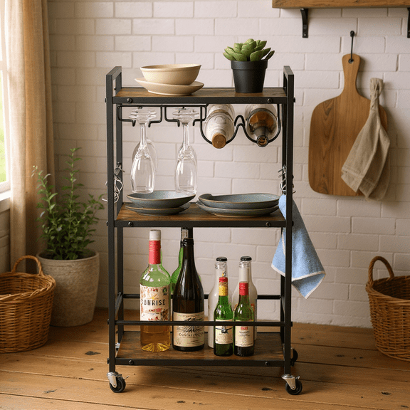 Homy Casa 3-Tier Kitchen Serving Cart with Wheels, Rolling Storage Rack, Bar Cart for Dining Room